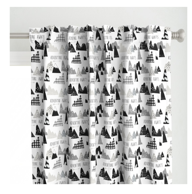 One Curtain Panel or Valance - Adventure Awaits Black and White