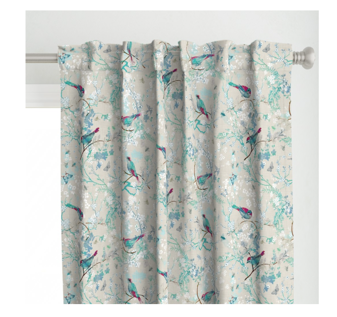 One Curtain Panel or Valance - Birds + Bees Aqua