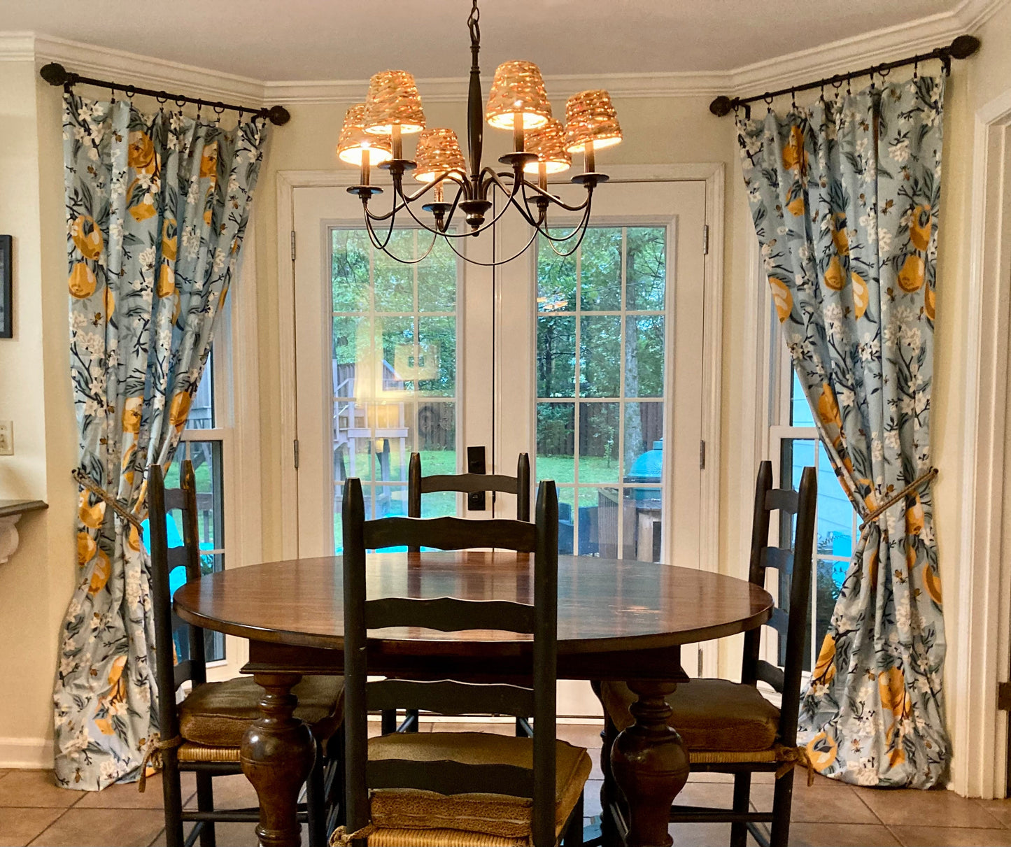 One Curtain Panel or Valance - "Bees and Lemons Blue"