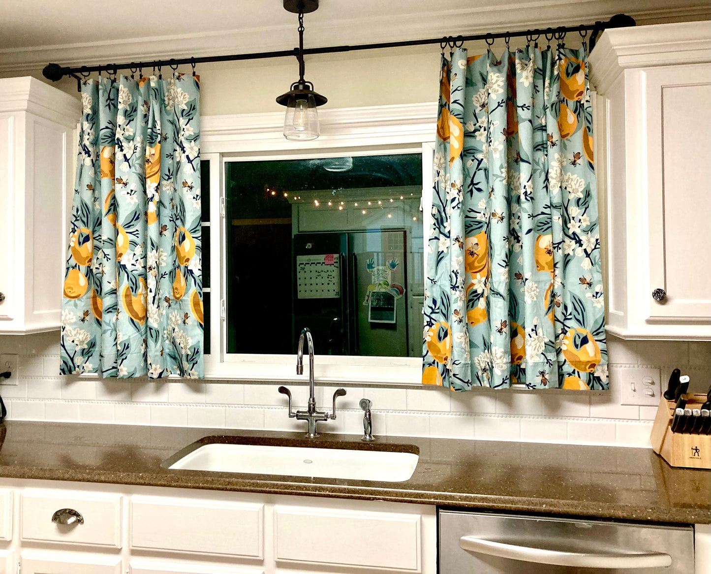 One Curtain Panel or Valance - "Bees and Lemons Blue"