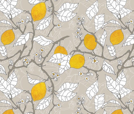One Curtain Panel or Valance "Lemon Orchard" Handmade Drapery Using Organic Cotton. Yellow Lemons with White Leaves on taupe background
