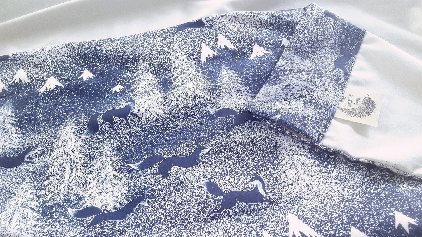 One Curtain Panel "Winter Foxes" - Blackout lining available - Blackout lined blue fox tree curtain panel rustic wood toile