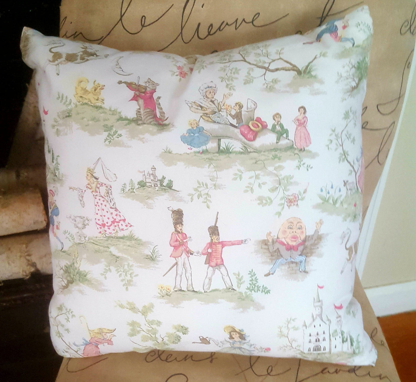 Throw Pillow Cover - Covington Over The Moon - Nursery Rhyme Baby Kid Children Room, humpty dumpty, hey diddle diddle, whimsy color toile
