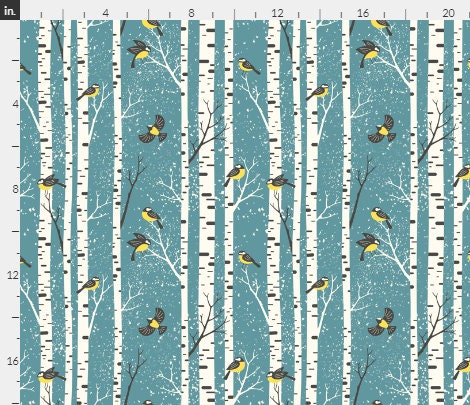 One (1) Curtain Panel Organic "Snowy Morning Light Teal" White Birch Tree - 54" Wide - Blackout lining available - Teal, Birds and Birch