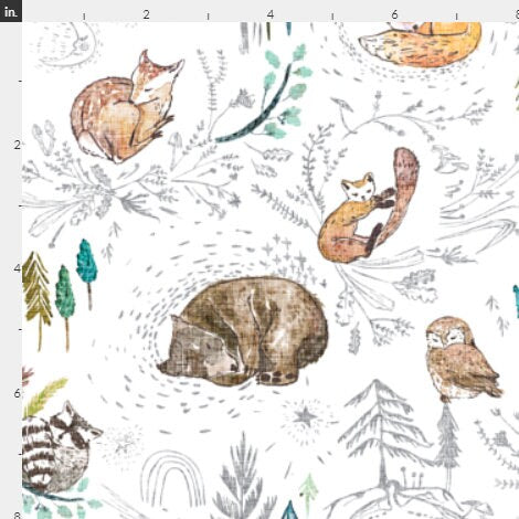 One (1) Curtain Panel Forest "Let's Go Zzzzz White 54" wide - Blackout lining available- Nursery baby animals, Bear, fox, owl, trees