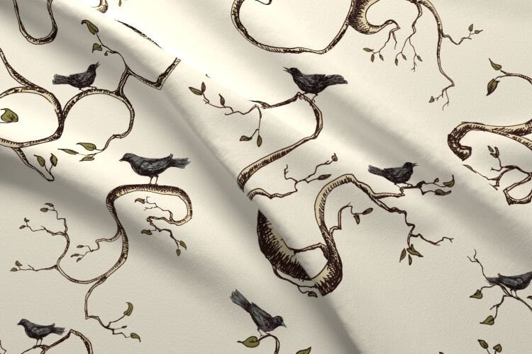 One Curtain Panel "birds-branches" - Nature home decor for living room, dining room, baby, bathroom, Beige, Brown, Black Bird