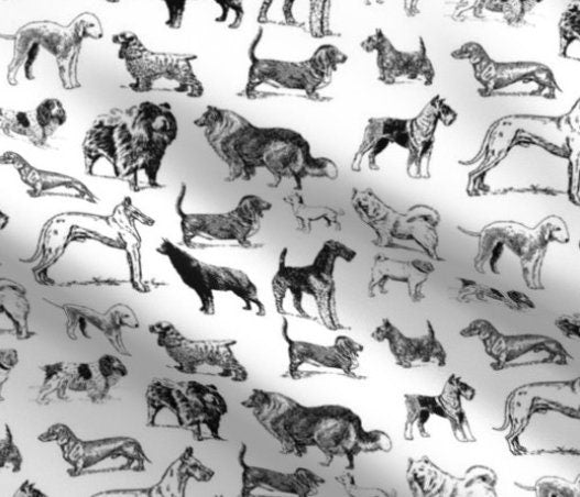 One (1) Curtain Panel. Organic Dogs Toile Drapery. Blackout lining available - All Breeds, Dog Curtains, White, Black, Pug, Terrier, Beagle