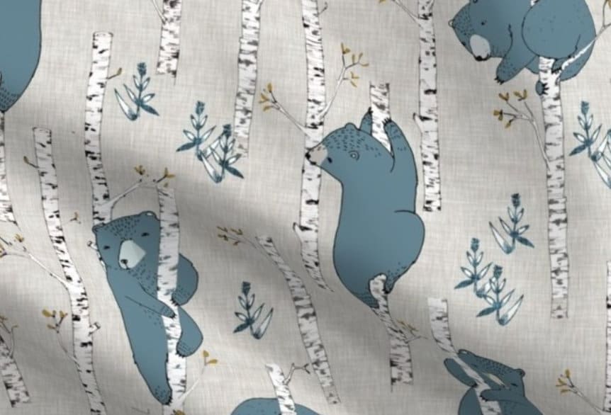One (1) Curtain Panel or Valance "Birch Bears Blue" - 54" Wide - Handmade to Order Cotton Sateen Curtain Panels.