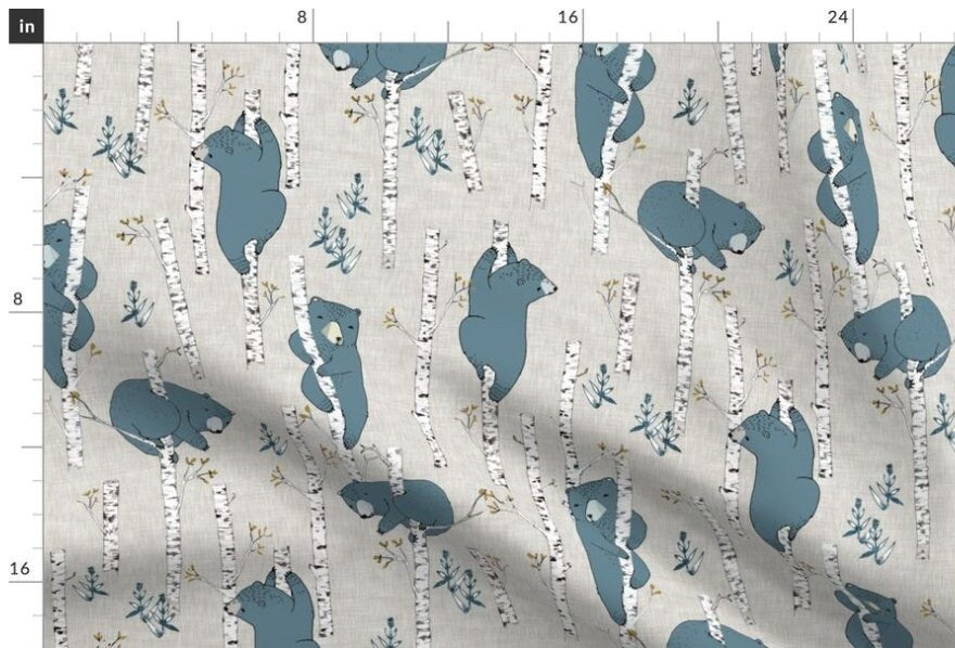 One (1) Curtain Panel or Valance "Birch Bears Blue" - 54" Wide - Handmade to Order Cotton Sateen Curtain Panels.