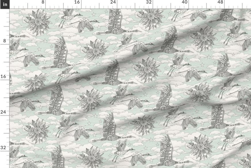 One (1) Curtain Panel Organic Cotton "steampunk crane toile mint" - 54" Wide. Sateen Cotton Fabric, Pale Green, Black White, Clouds, Stars