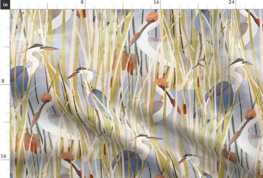One (1) Curtain Panel or Valance - Organic Cotton "Marsh Birds" - 54" Wide. Custom Made to Order Sateen Cotton Window Treatment. Blue Herons