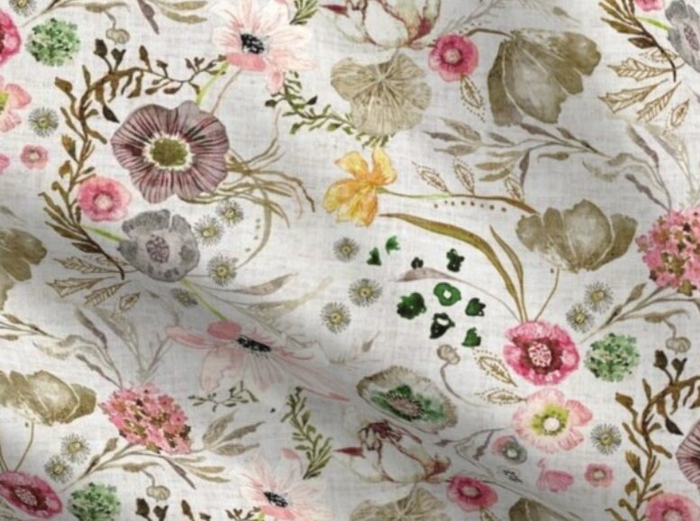 One (1) Curtain Panel Organic Cotton "Atlantis Floral Golden" - 54" Wide. Sateen Cotton Fabric, Leaves, Floral, Pink, Beige, Plum, Yellow