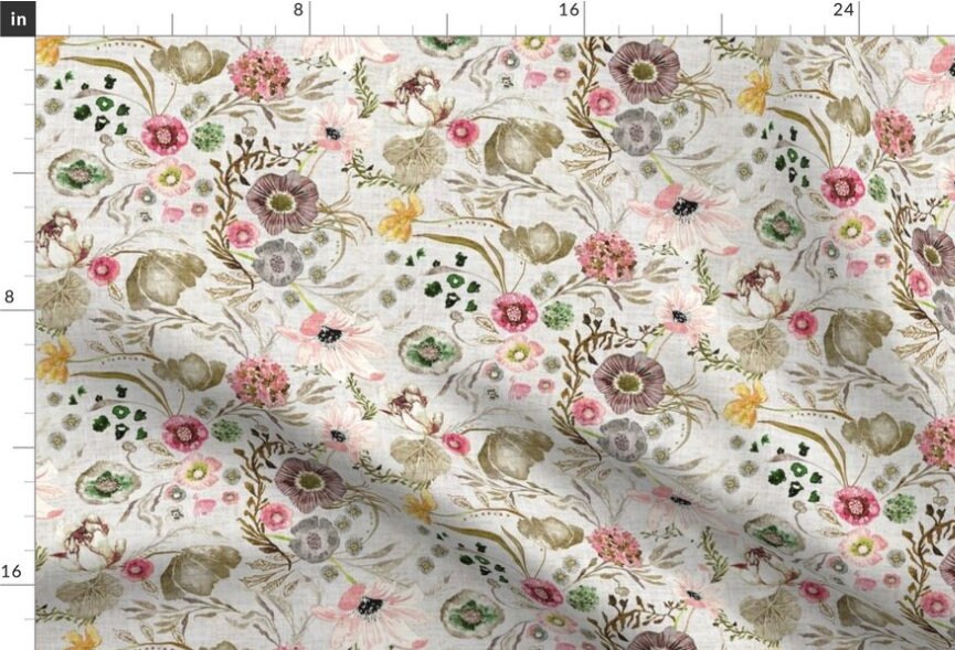 One (1) Curtain Panel Organic Cotton "Atlantis Floral Golden" - 54" Wide. Sateen Cotton Fabric, Leaves, Floral, Pink, Beige, Plum, Yellow