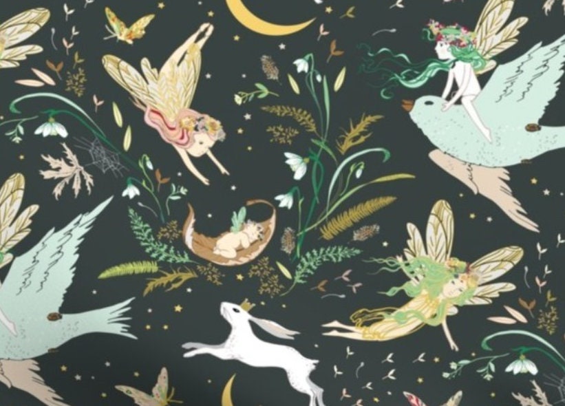 One (1) Curtain Panel Organic Cotton "Enchanted Fairies Pine" - 54" Wide. Sateen Cotton Fabric, Moon, Prince, Rabbit, Bird, Fairy, Fae