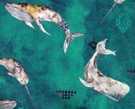 One (1) Curtain Panel or Valance - Organic Cotton "Whale Tribe Teal" - 54" Wide. Sateen Cotton Fabric with Tribal Painted Whales, Narwhals.