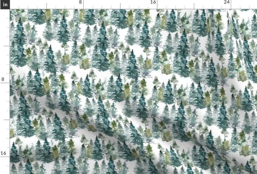One (1) Curtain Panel Organic Cotton "Woodland Trees" - 54" Wide. Sateen Cotton Fabric, Monochromatic Green on White, Watercolor Mist Trees