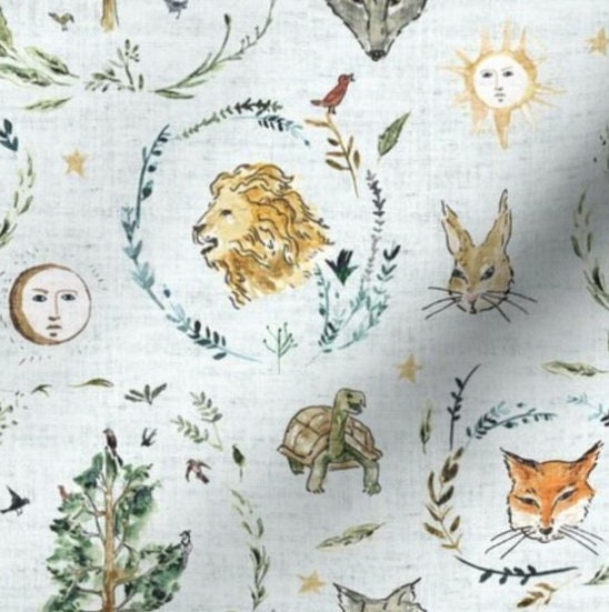 One (1) Curtain Panel Organic Cotton "Story Time Blue" - 54 inch Wide. Sateen Fabric, Blue, Animal Cameo, Fox, Lion, Moon, Trees, Sun