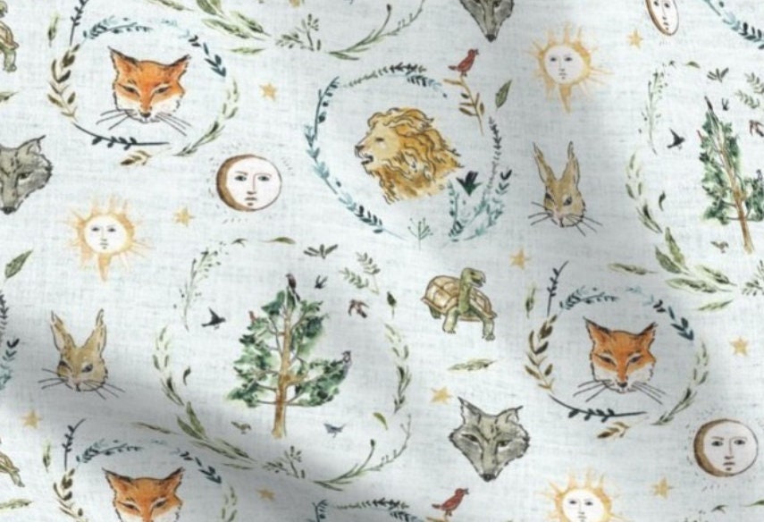 One (1) Curtain Panel Organic Cotton "Story Time Blue" - 54 inch Wide. Sateen Fabric, Blue, Animal Cameo, Fox, Lion, Moon, Trees, Sun