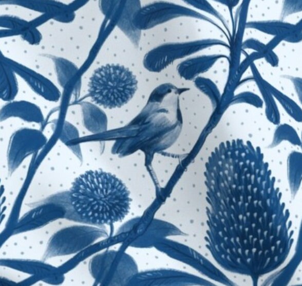 One (1) Curtain Panel Organic Cotton "Little Blue Bird" - 54" Wide. Sateen Cotton Fabric, Birds, Leaves, Floral, Monochromatic, Flowers