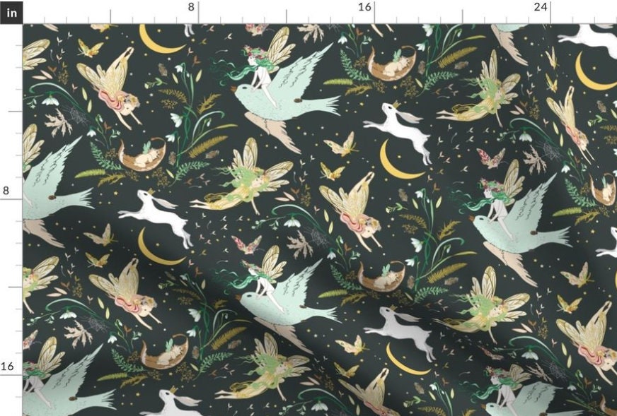 One (1) Curtain Panel Organic Cotton "Enchanted Fairies Pine" - 54" Wide. Sateen Cotton Fabric, Moon, Prince, Rabbit, Bird, Fairy, Fae