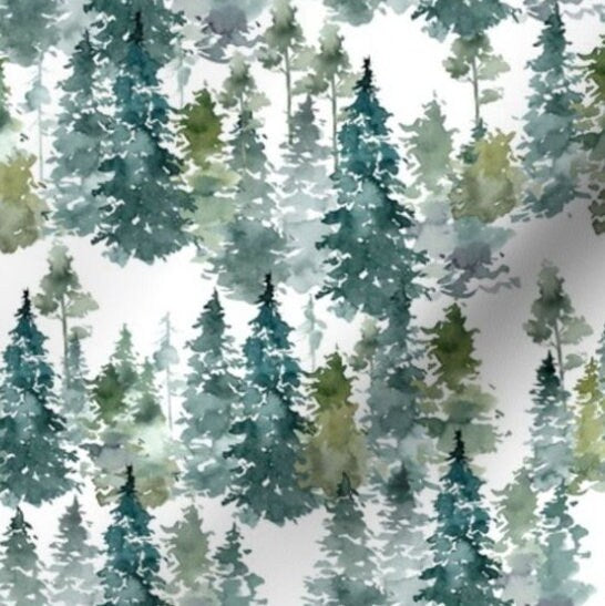 One (1) Curtain Panel Organic Cotton "Woodland Trees" - 54" Wide. Sateen Cotton Fabric, Monochromatic Green on White, Watercolor Mist Trees