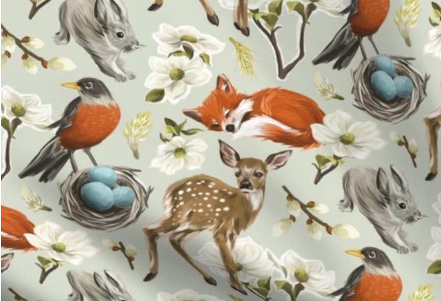 One (1) Curtain Panel Organic Cotton "Woodland Spring" - 54" Wide. Sateen Cotton Fabric Robin, Deer, Rabbit, Fox, Bud, Blue Eggs, Flowers