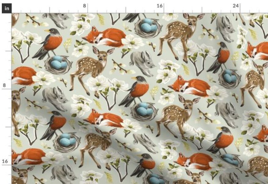 One (1) Curtain Panel Organic Cotton "Woodland Spring" - 54" Wide. Sateen Cotton Fabric Robin, Deer, Rabbit, Fox, Bud, Blue Eggs, Flowers