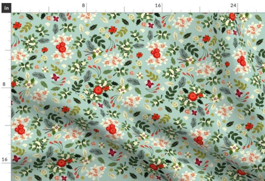 One (1) Curtain Panel Organic Cotton "Vintage Ditsy Mistletoe" - 54" Wide. Sateen Cotton Fabric Red and White Christmas Floral on Teal