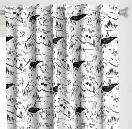 One (1) Curtain Panel Max's Map Adventure Awaits 54" wide - Blackout lining option - Wildlife, cabin, nature, outdoor, mountain climbing
