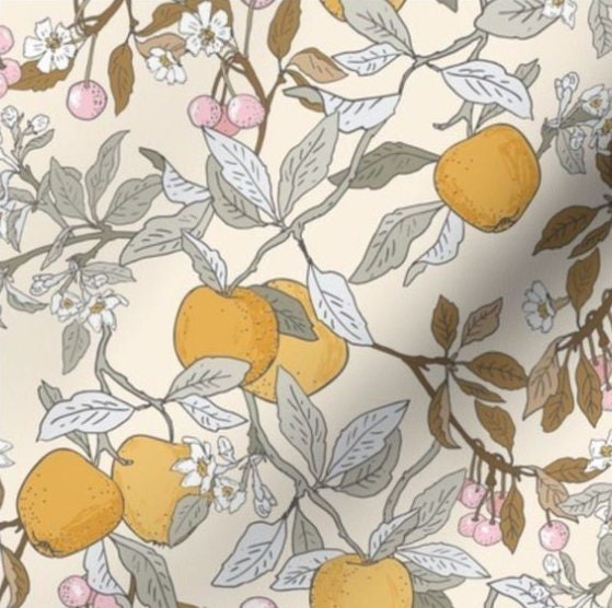 One (1) Eden Fruit Sepia Curtain Panel Pink 54" Wide - Blackout lining optional - Lemon Tree Branches, Muted tones, Yellow, Pink, Beige