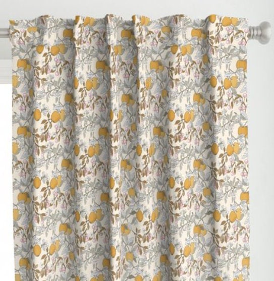 One (1) Eden Fruit Sepia Curtain Panel Pink 54" Wide - Blackout lining optional - Lemon Tree Branches, Muted tones, Yellow, Pink, Beige