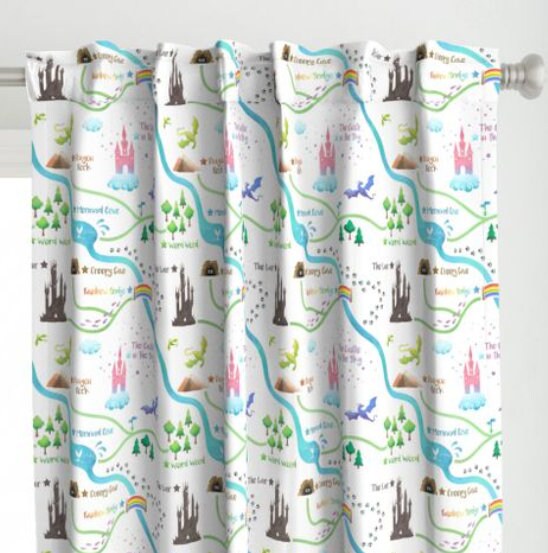 One (1) Curtain Panel "Fairytale Map Pink" 54 inch Wide - Blackout lining optional - Artist Designed, Princess Castle, Dragons, Magic