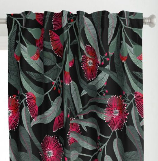 One (1) Curtain Panel or Valance "Red Eucalyptus on Black" 54 inch Wide - Blackout lining optional - Bold Floral, Artist Designed Fabric.