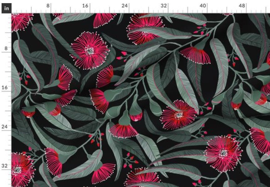 One (1) Curtain Panel or Valance "Red Eucalyptus on Black" 54 inch Wide - Blackout lining optional - Bold Floral, Artist Designed Fabric.