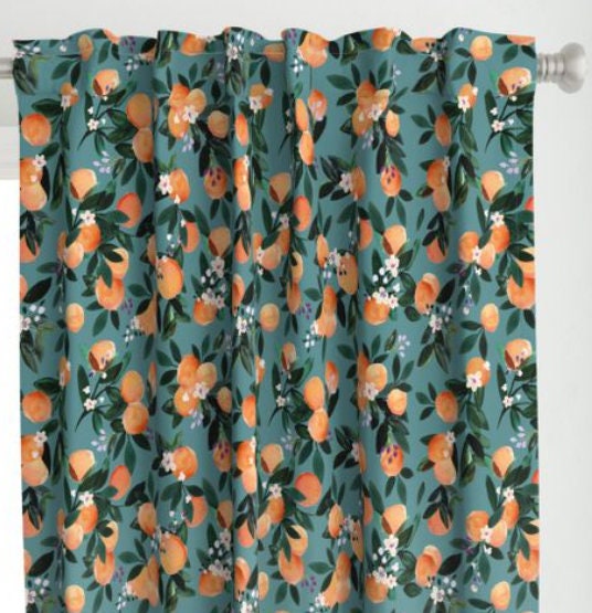 One Curtain Panel or Valance - Organic "Dear Clementine Oranges Teal" Blackout lining available - Handmade Drapery featuring Flowers, Leaves