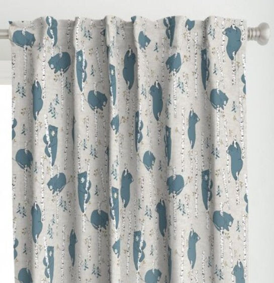 One (1) Curtain Panel or Valance "Birch Bears Blue" - 54" Wide - Handmade to Order Cotton Sateen Curtain Panels.