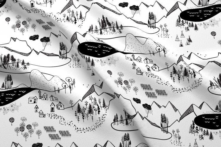 One (1) Curtain Panel Max's Map Adventure Awaits 54" wide - Blackout lining option - Wildlife, cabin, nature, outdoor, mountain climbing