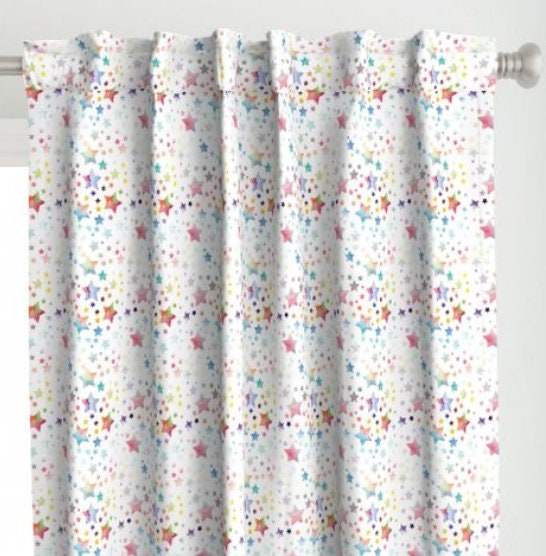 One (1) Curtain Panel Cotton "Stars Watercolor Rainbow" 54inch Wide - Home decor for girls, princess, baby, nursery, fun decor, rainbows