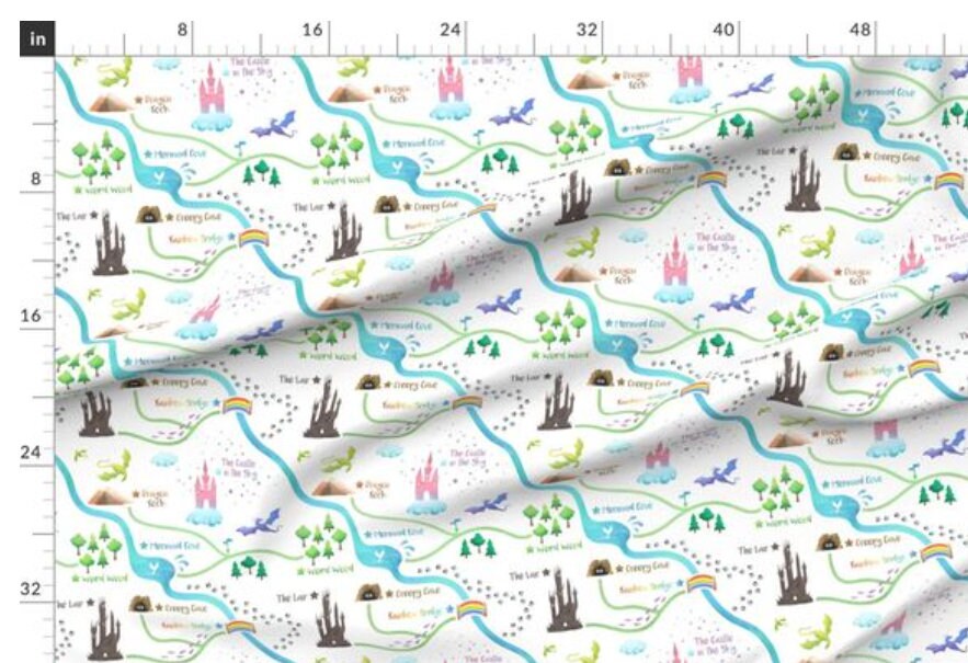 One (1) Curtain Panel "Fairytale Map Pink" 54 inch Wide - Blackout lining optional - Artist Designed, Princess Castle, Dragons, Magic