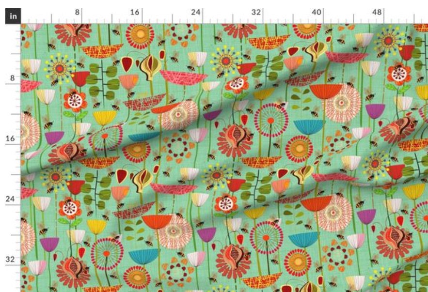 One (1) Curtain Panel or Valance "Where the Bees fly - large" 54 inch Wide - Blackout lining optional - Tall Bold Geometric Flowers