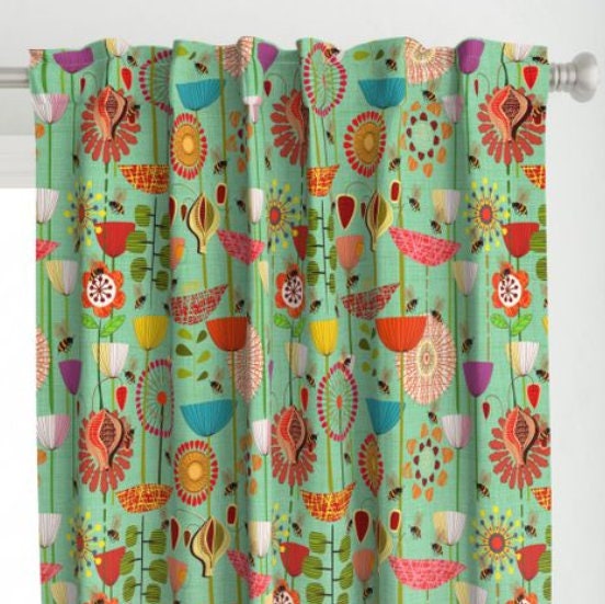 One (1) Curtain Panel or Valance "Where the Bees fly - large" 54 inch Wide - Blackout lining optional - Tall Bold Geometric Flowers
