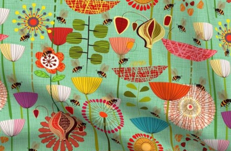 One (1) Curtain Panel or Valance "Where the Bees fly - large" 54 inch Wide - Blackout lining optional - Tall Bold Geometric Flowers