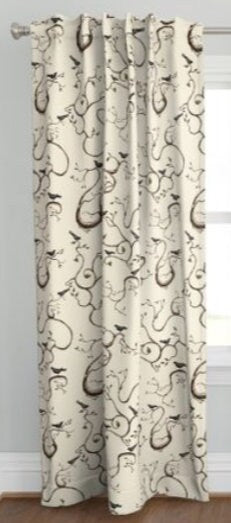 One Curtain Panel "birds-branches" - Nature home decor for living room, dining room, baby, bathroom, Beige, Brown, Black Bird