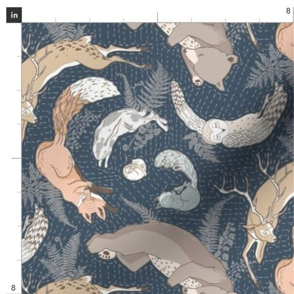 One (1) Curtain Panel Organic Cotton "Woodland Kantha - Navy" 54" Wide. Sateen Cotton Fabric Featuring Sleeping Baby Animals, Bedtime Animal