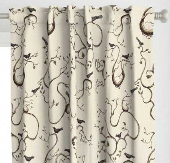 One Curtain Panel "birds-branches" - Nature home decor for living room, dining room, baby, bathroom, Beige, Brown, Black Bird