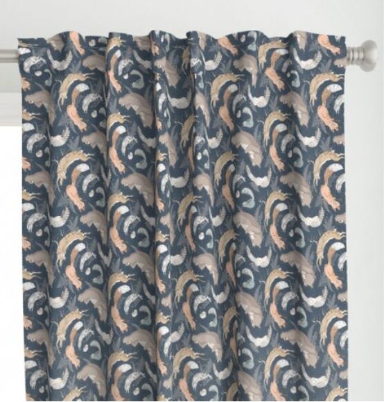 One (1) Curtain Panel Organic Cotton "Woodland Kantha - Navy" 54" Wide. Sateen Cotton Fabric Featuring Sleeping Baby Animals, Bedtime Animal