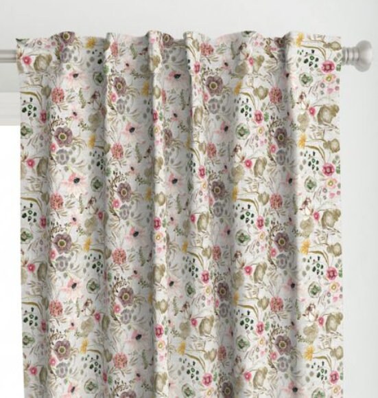 One (1) Curtain Panel Organic Cotton "Atlantis Floral Golden" - 54" Wide. Sateen Cotton Fabric, Leaves, Floral, Pink, Beige, Plum, Yellow