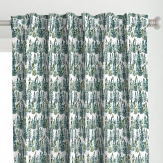 One (1) Curtain Panel Organic Cotton "Woodland Trees" - 54" Wide. Sateen Cotton Fabric, Monochromatic Green on White, Watercolor Mist Trees