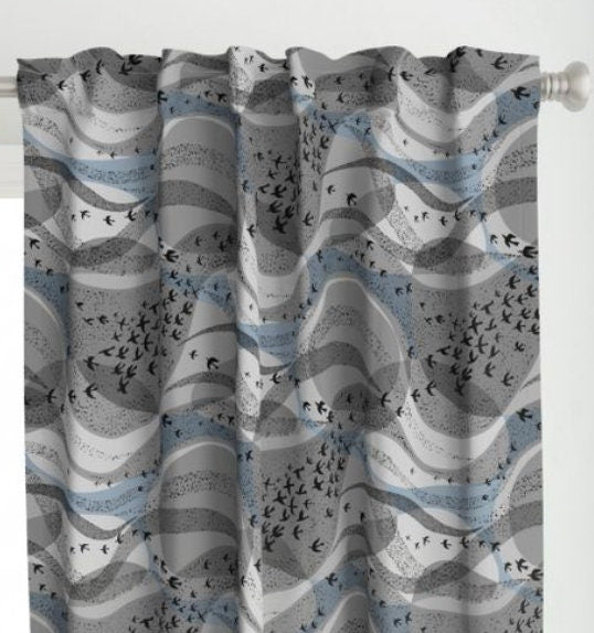 One Curtain Panel "Murmuration blue grey mix" - Nature home decor for living room, dining room, bathroom, abstract starlings