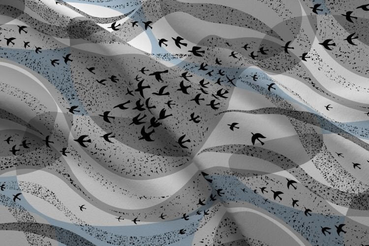 One Curtain Panel "Murmuration blue grey mix" - Nature home decor for living room, dining room, bathroom, abstract starlings